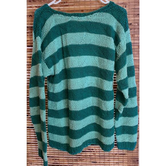 Hand Knit Striped Sweater Teal & Aqua Pullover Long Sleeve Women’s M 21x26 - Picture 2 of 5